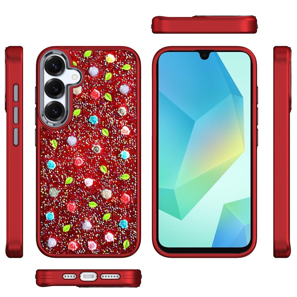 For Samsung Galaxy A16 Floral Design Embedded Glass Diamond Fancy Fashion Glitter Bling Sparkly Hybrid Rugged TPU Bumper Case Cover