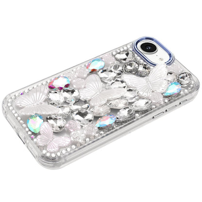 For Apple iPhone 16e 3D Diamond Floral Butterfly Bling Stone Hybrid, Sparkly Rhinestone Gemstone Back Shockproof Case Cover