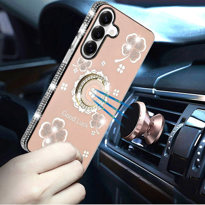 For Samsung Galaxy S25 FE, S25 Fan Edition Diamonds Bling All Around Edges Sparkly Glitter Hybrid with Ring Stand Holder Fashion Good Luck Case Cover