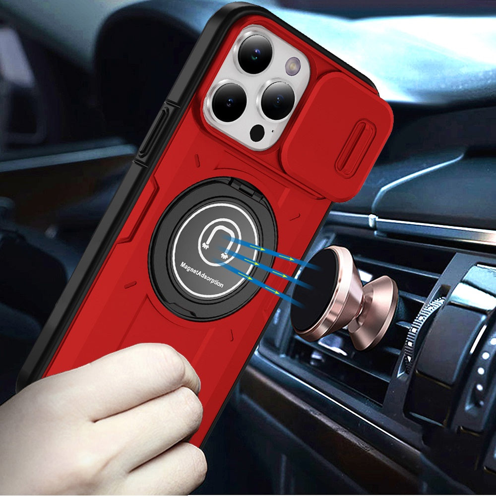 For Apple iPhone 11 Pro Max Build in Invisible Magnetic Ring Stand with Slide Camera Protector, fit Magnetic Car Mount [Compatible with MagSafe] Case Cover Red