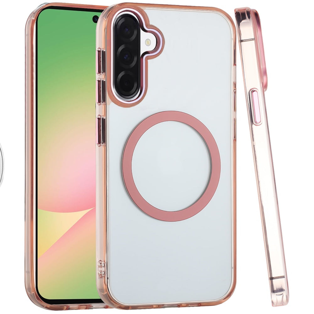 For Samsung Galaxy A57 Transparent Back Hybrid Case - Magnetic Circle, Color Frame, Metal Buttons, MagSafe Compatible Case Cover Rose Gold
