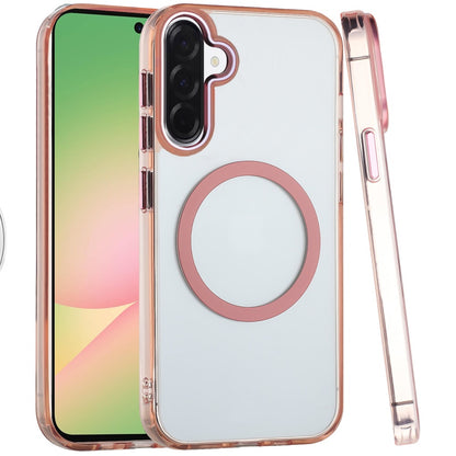 For Samsung Galaxy A57 Transparent Back Hybrid Case - Magnetic Circle, Color Frame, Metal Buttons, MagSafe Compatible Case Cover Rose Gold
