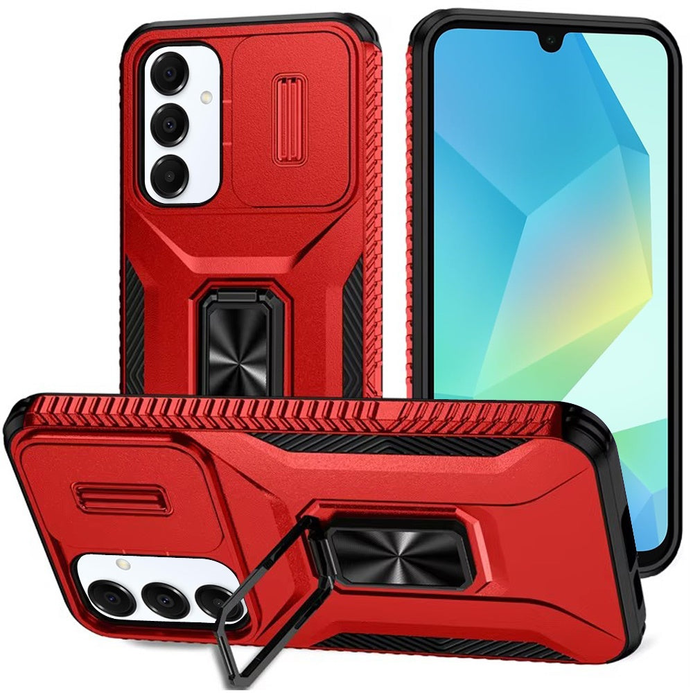 For Apple iPhone 15 Case, Camera Cover with Magnetic Rotation Ring Stand, Military Grade Hybrid Hard TPU Shockproof Case Cover Red