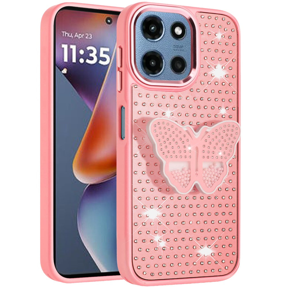 For Motorola Moto G 5G 2026/2025 Butterfly Moveable Grip 3D Pop Stand Full Diamond Bling Sparkling TPU Fashion Hybrid Case Cover Pink