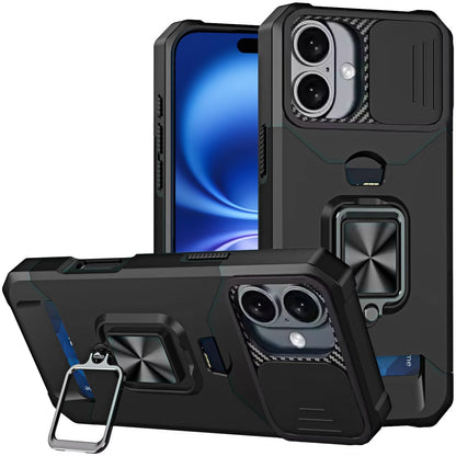 For Apple iPhone 17 (6.3") Wallet Case with Ring Stand & Slide Camera Cover Back Credit Card Slot Holder, Military Grade Case Cover