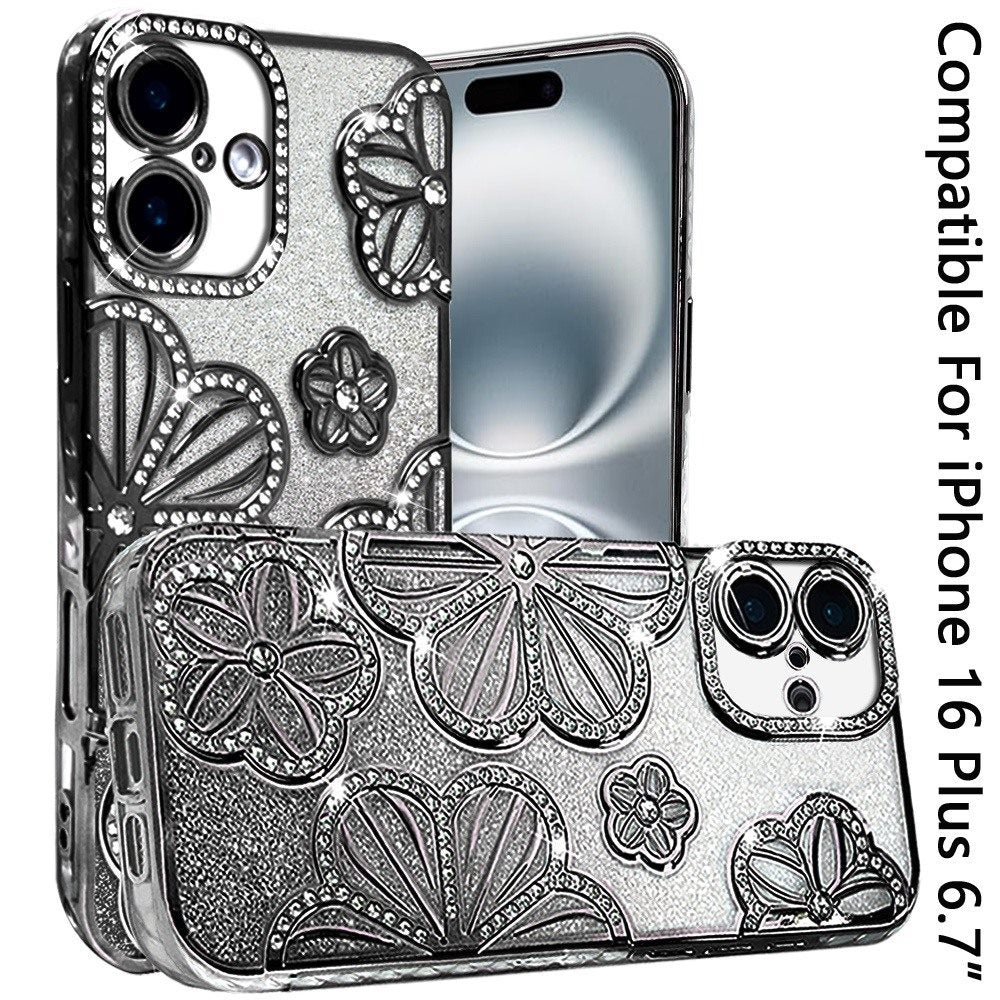 Phone Case for Apple iPhone 16 Plus Shimmer Glitter Floral Thick TPU Shockproof Durable Grip Camera Protection Anti-Scratch Stylish Design Cover