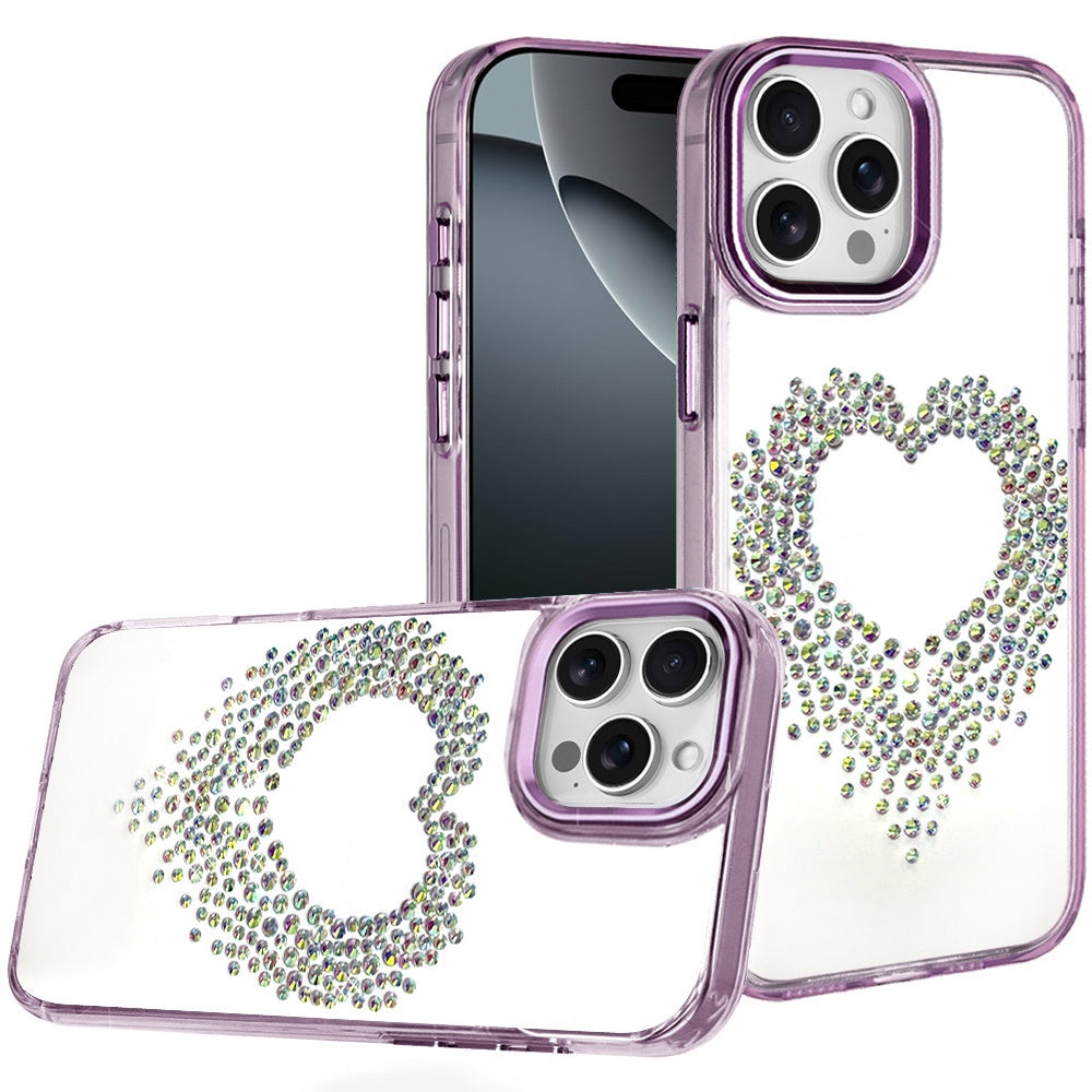 For iPhone 16 Pro Max (6.9") Angel Hearts Bling Glitter Diamond Hybrid TPU Cover, Colorful Frame Shockproof Protective Back Case Cover Purple