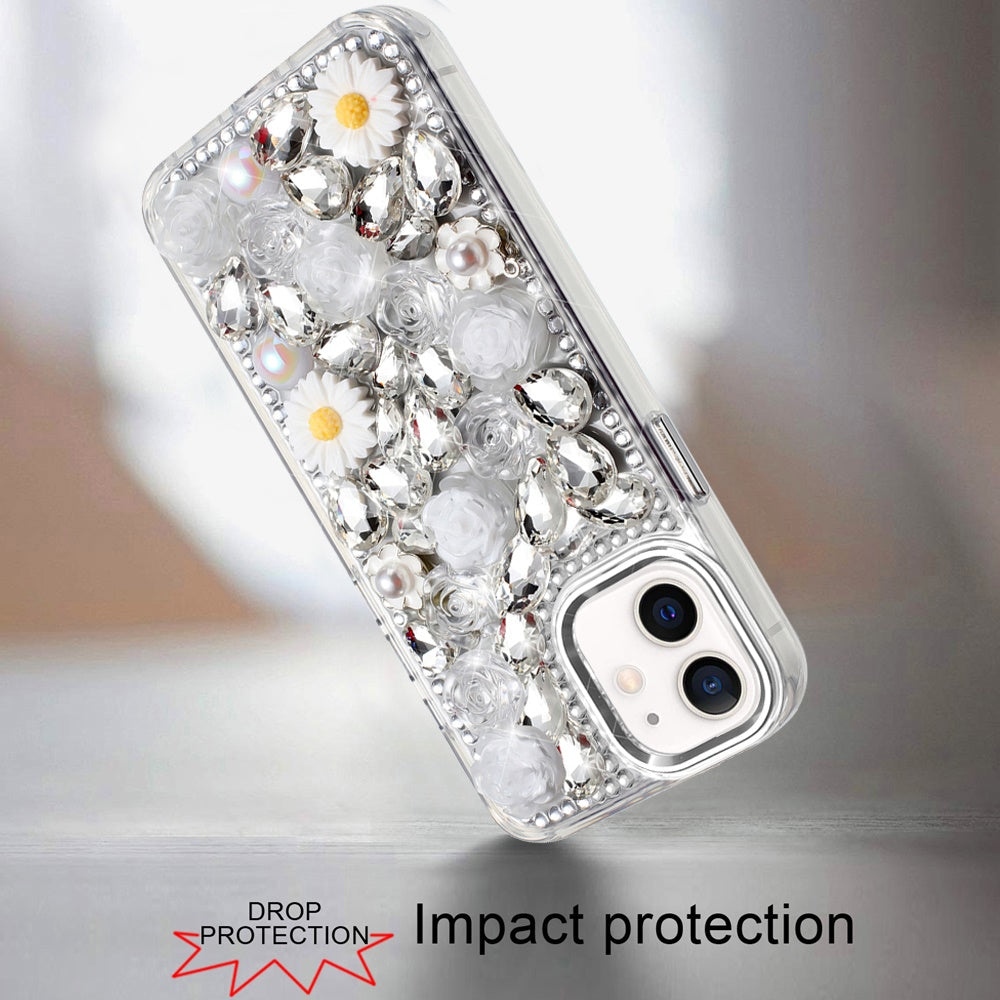 For Samsung Galaxy S23 Fashion Daisy Floral Series, Full 3D Bling Crystal Diamonds Sparkling Rhinestone Glitter Hybrid Design Case Cover