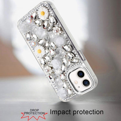 For Apple iPhone 12 Pro Max Fashion Daisy Floral Series, Full 3D Bling Crystal Diamonds Sparkling Rhinestone Glitter Hybrid Design Case Cover