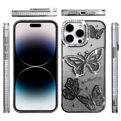 For iPhone 14 Pro Max (6.7") Luxury Butterfly Sparkle Glitter Diamond Crystal Rhinestone Shimmer Bling Plating Thick TPU Hard PC Case Cover
