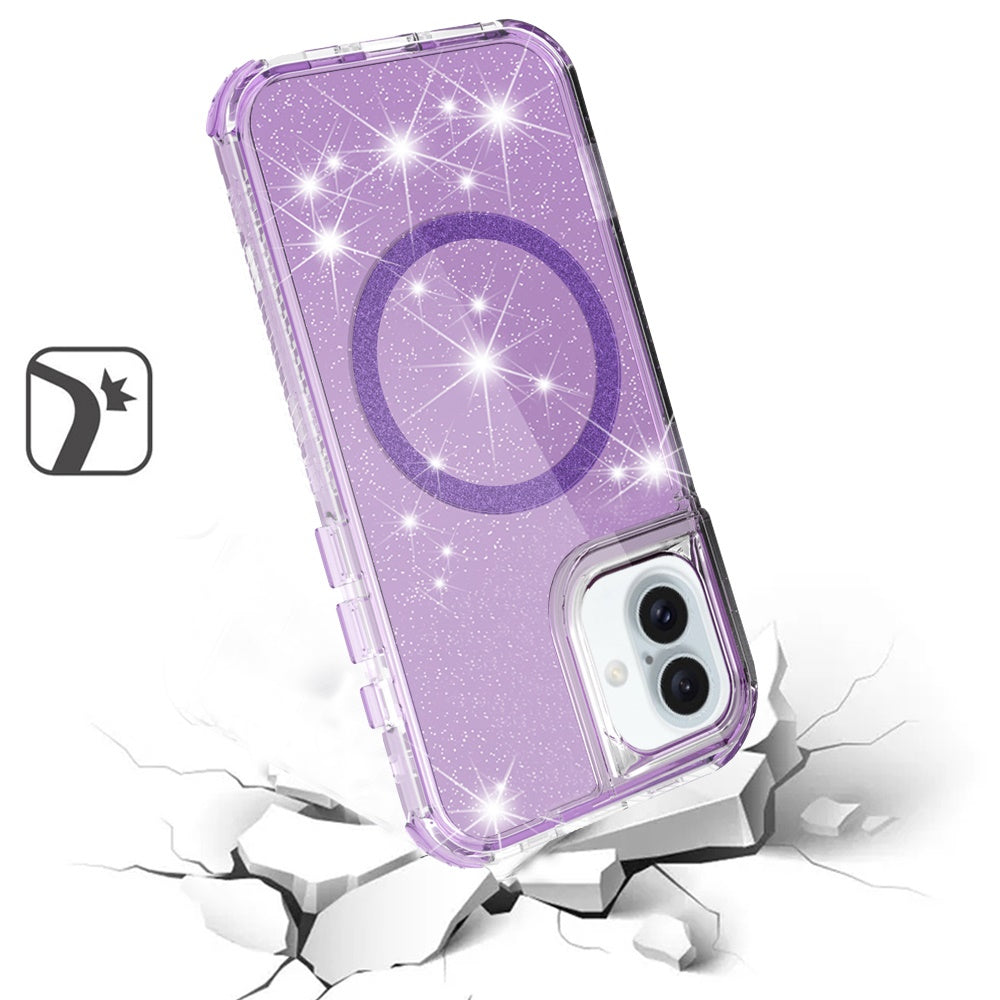 For Apple iPhone 17E /16E Magnetic Circle Compatible with Magsafe, Bling Glitter Sparkle 3-in-1 Hybrid Shockproof TPU Bumper Case Cover Purple