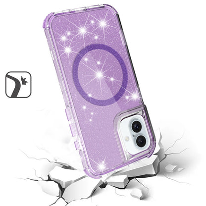 For Apple iPhone 17E /16E Magnetic Circle Compatible with Magsafe, Bling Glitter Sparkle 3-in-1 Hybrid Shockproof TPU Bumper Case Cover Purple
