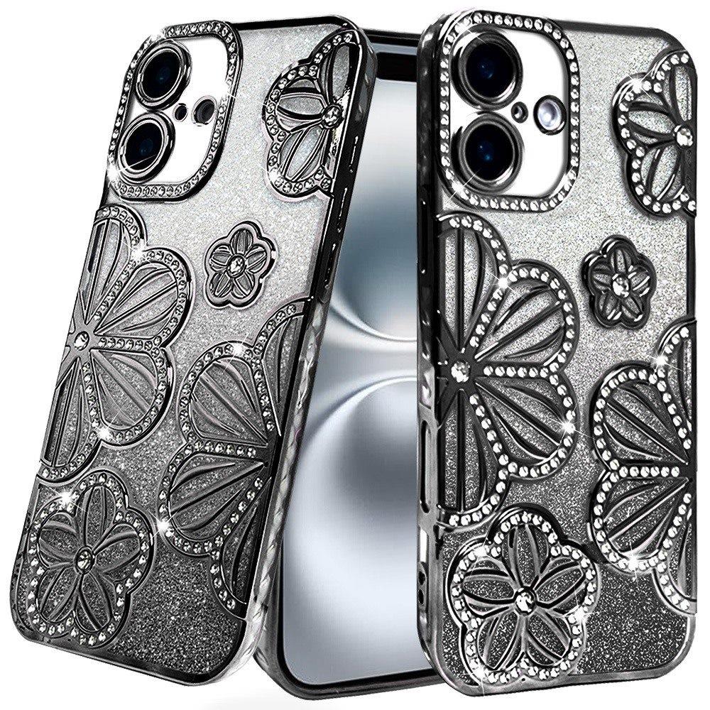 Phone Case for Apple iPhone 16 Plus Shimmer Glitter Floral Thick TPU Shockproof Durable Grip Camera Protection Anti-Scratch Stylish Design Cover