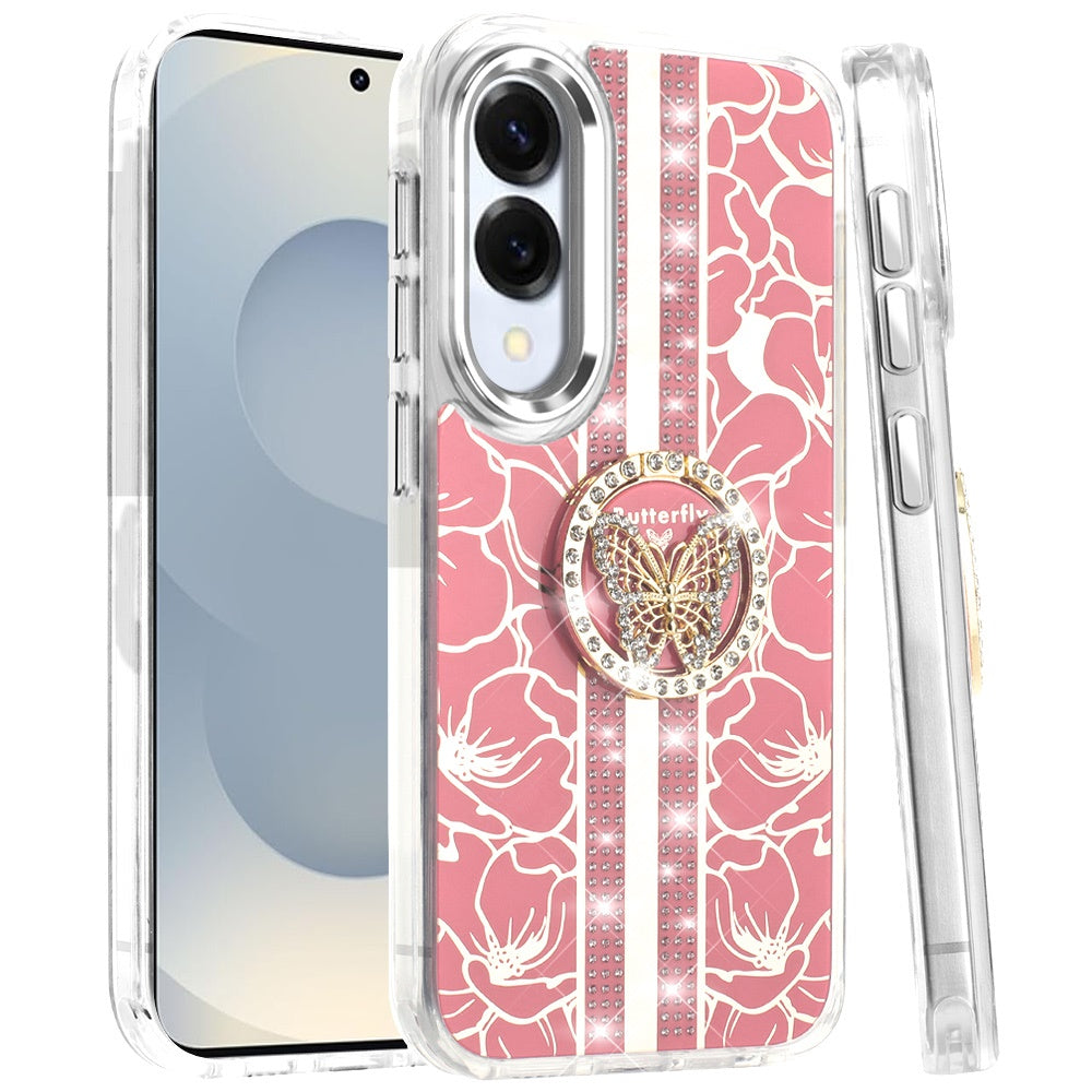 For Samsung Galaxy S25 EDGE Diamonds 3D Butterfly Floral Design Bling Sparkly Glitter Hybrid Metal Fashion with Ring Stand Case Cover