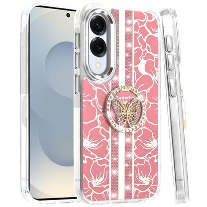 For Samsung Galaxy S25 EDGE Diamonds 3D Butterfly Floral Design Bling Sparkly Glitter Hybrid Metal Fashion with Ring Stand Case Cover