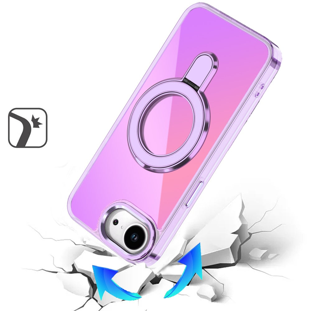 For Apple iPhone 16e Chrome Hybrid with Rotating Magnetic Circle Ring Stand, Slim Shockproof Hybrid Case Cover
