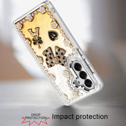 For Samsung Galaxy S25 FE, S25 Fan Edition Bling Fashion Design with 3D Pearls Epoxy Glitter Ornaments Chrome Edge Hard Slim PC Case Cover