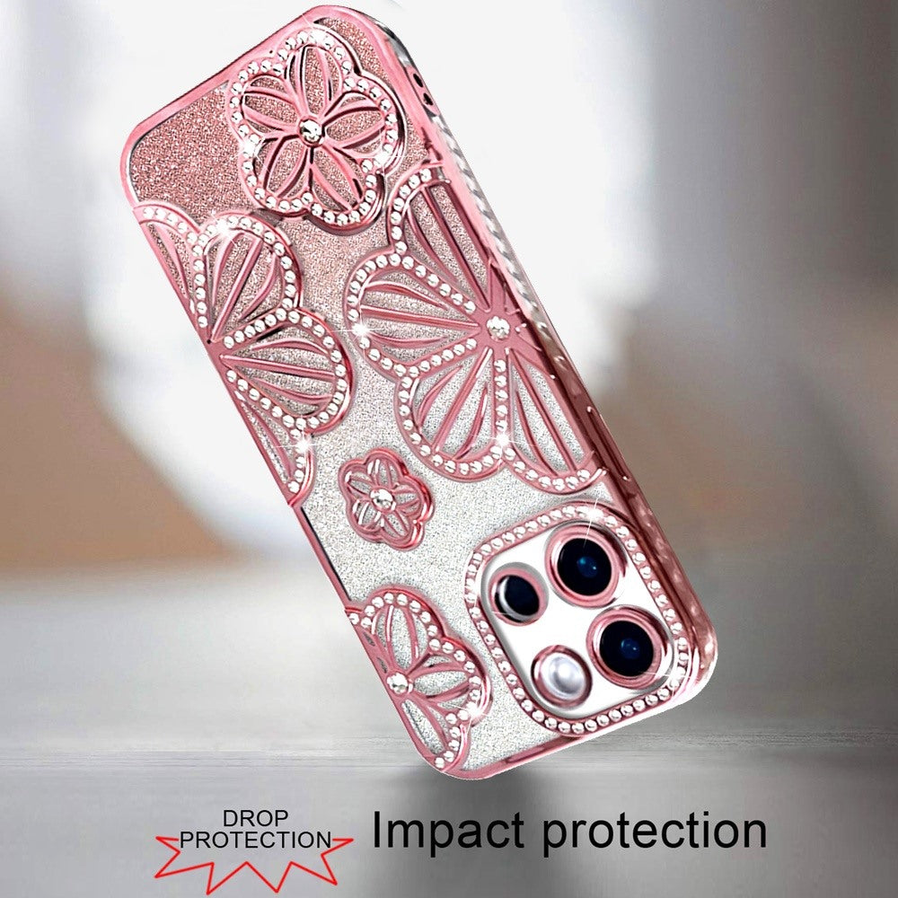 For Samsung Galaxy A26 Luxury Flower Design Sparkle Glitter Diamond Rhinestone Shimmer Bling Plating Thick TPU Hard PC Case Cover Flower Rose Gold