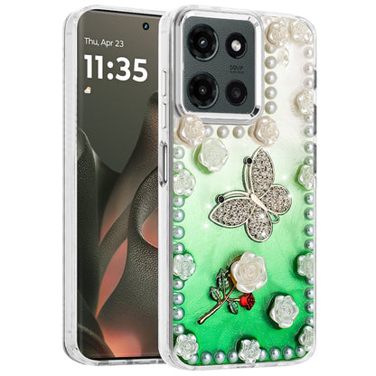 For Motorola Moto G Stylus 5G 2025 Bling Fashion Design with 3D Pearls Epoxy Glitter Ornaments Chrome Edge Hard Slim PC Case Cover