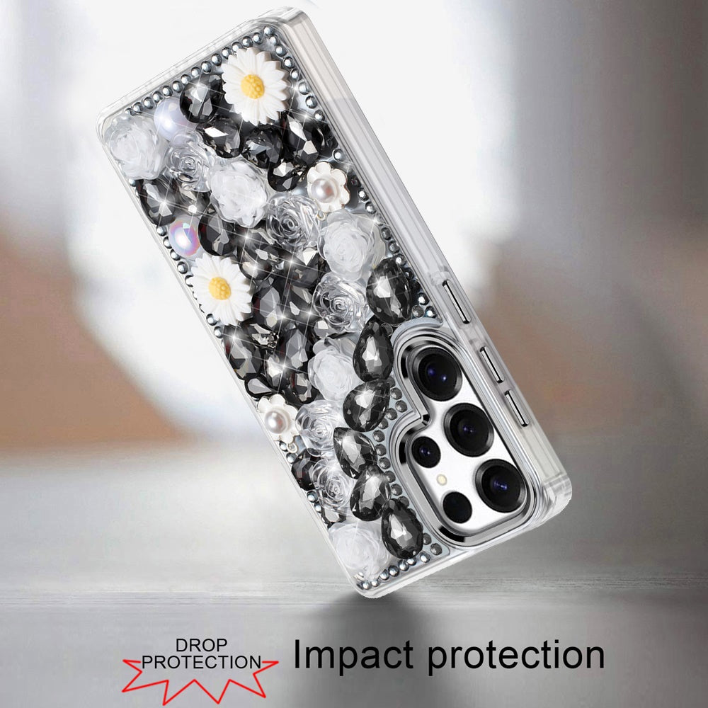 For Apple iPhone 17E /16E Fashion Daisy Floral Series, Full 3D Bling Crystal Diamonds Sparkling Rhinestone Glitter Hybrid Design Case Cover