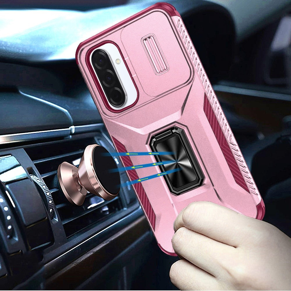 For Samsung Galaxy A17 5G Case, Camera Cover with Magnetic Rotation Ring Stand, Military Grade Hybrid Hard TPU Shockproof Case Cover Pink+Burgundy