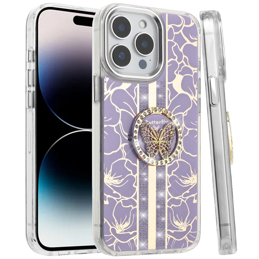 For Motorola Moto G 5G 2025 Diamonds 3D Butterfly Floral Design Bling Sparkly Glitter Hybrid Metal Fashion with Ring Stand Case Cover Purple