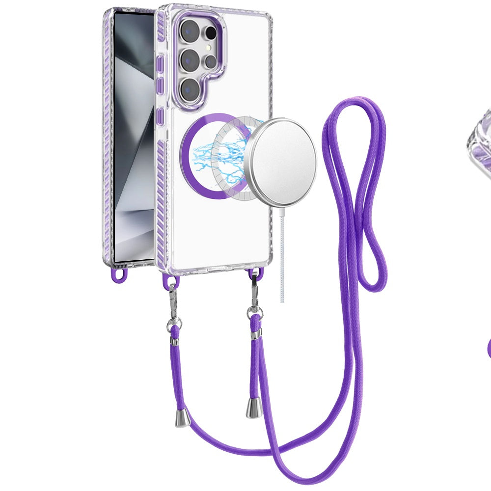 For Samsung Galaxy S24 Ultra Clear Magnetic Frame PC Back Shockproof Protective Case with Detachable Lanyard Strap, Compatible with MagSafe Case Cover