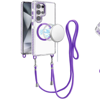 For Samsung Galaxy S24 Ultra Clear Magnetic Frame PC Back Shockproof Protective Case with Detachable Lanyard Strap, Compatible with MagSafe Case Cover