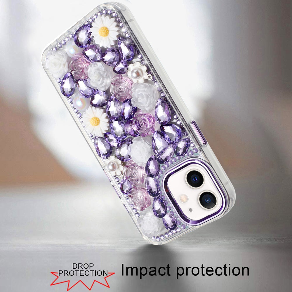 For Apple iPhone 14 /13 Fashion Daisy Floral Series, Full 3D Bling Crystal Diamonds Sparkling Rhinestone Glitter Hybrid Design Case Cover Purple