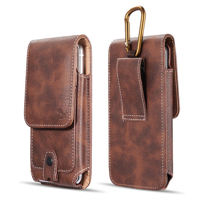 For Apple iPhone 16 Pro (6.3") Universal Vertical Leather Case Holster with Credit Card Holder, Belt Loop & Carabiner Carrying Phone Pouch [Brown]