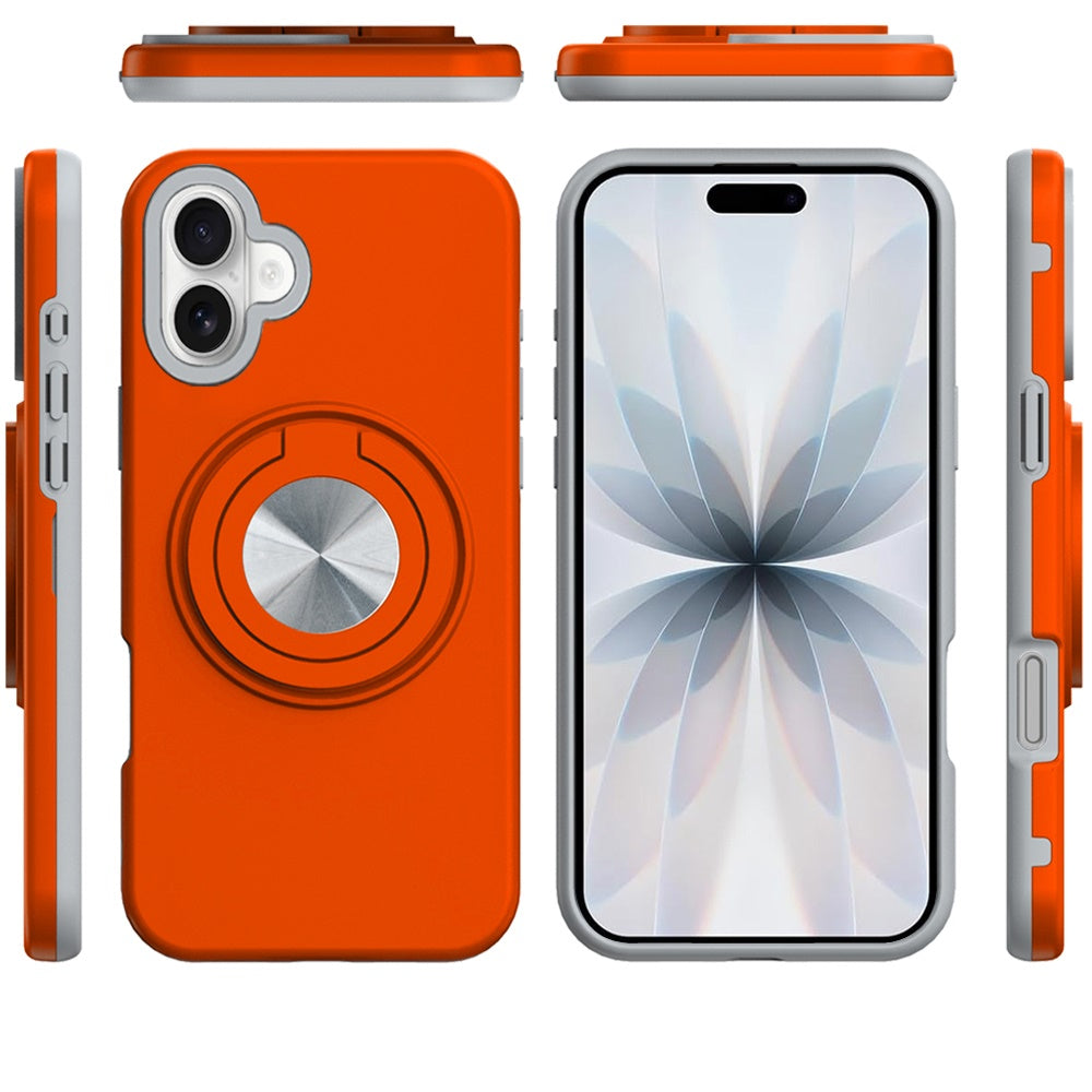 For Apple iPhone 17 Metal Matte Hybrid with Invisible Rotational Ring Stand, Car Mount Friendly, Military Grade Slim Fit Sturdy Case Cover Cosmic Orange