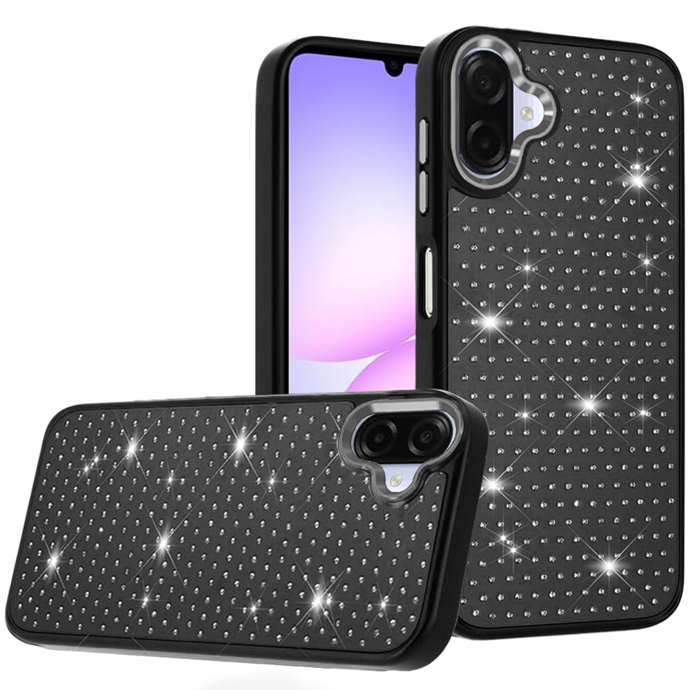 For Samsung Galaxy A07 Bling Diamond Metallic, Full Sparkle Chrome Edged Hybrid Protective Shockproof Case Cover Black