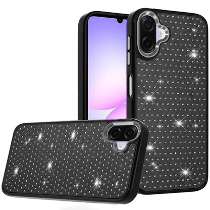 For Samsung Galaxy A07 Bling Diamond Metallic, Full Sparkle Chrome Edged Hybrid Protective Shockproof Case Cover Black