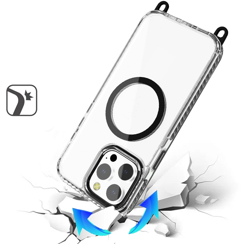 For Apple iPhone 13 Pro Max Clear Magnetic Frame PC Back Shockproof Protective Case with Detachable Lanyard Strap, Compatible with MagSafe Case Cover