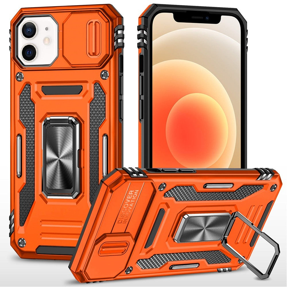 For Apple iPhone 12 /12 Pro Tough Hybrid Case with Movable Camera Window & Metal Ring Stand Shockproof Case Cover Cosmic Orange