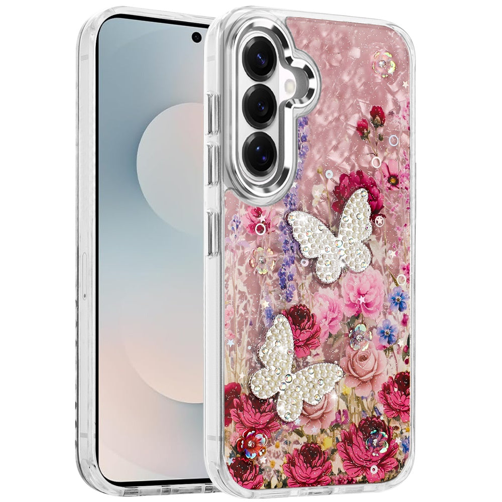 For Samsung Galaxy S26 Epoxy Glitter Flowers Bling 3D Butterfly Fashion TPU Hybrid with Shockproof Protection Case Cover