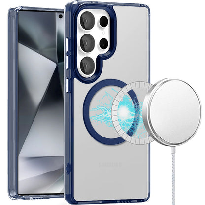 Phone Case for Samsung Galaxy S24 Ultra Magnetic Clear Acrylic Metal Button Camera Guard Shockproof Transparent Slim Grip Premium Hybrid Cover Blue