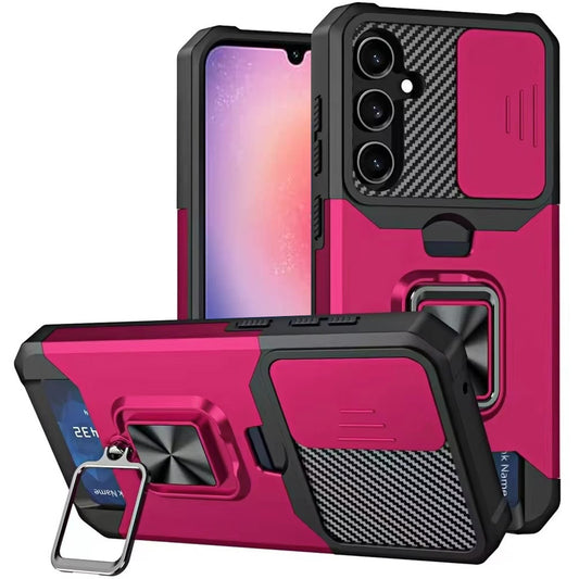 For Samsung Galaxy A26 Wallet Case with Ring Stand & Slide Camera Cover Back Credit Card Slot Holder, Military Grade Case Cover Hot Pink