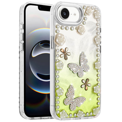 For Apple iPhone 16e Bling Fashion Design with 3D Pearls Epoxy Glitter Ornaments Chrome Edge Hard Slim PC Case Cover