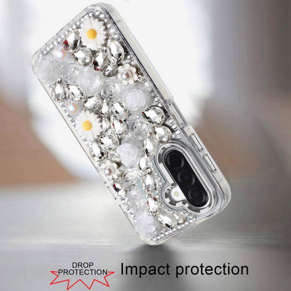 For Samsung Galaxy A17 5G Fashion Daisy Floral Series, Full 3D Bling Crystal Diamonds Sparkling Rhinestone Glitter Hybrid Design Case Cover White
