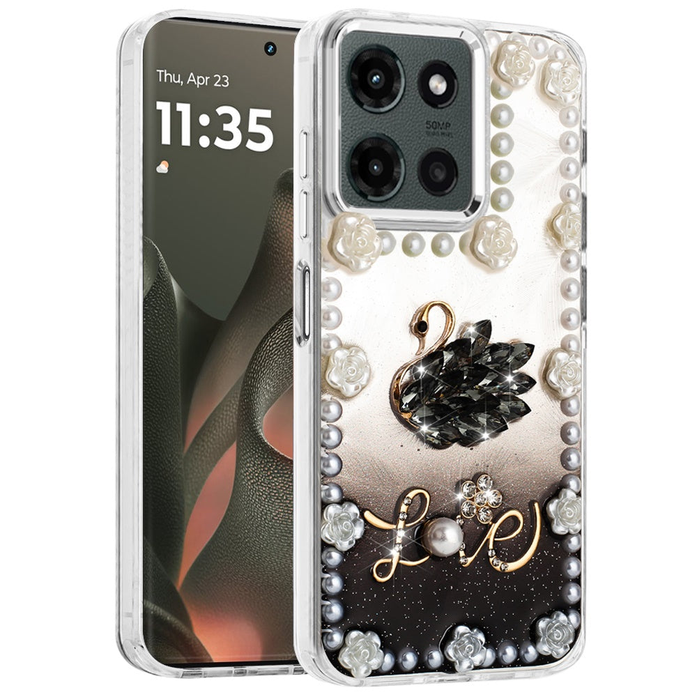 For Motorola Moto G Stylus 5G 2025 Bling Fashion Design with 3D Pearls Epoxy Glitter Ornaments Chrome Edge Hard Slim PC Case Cover