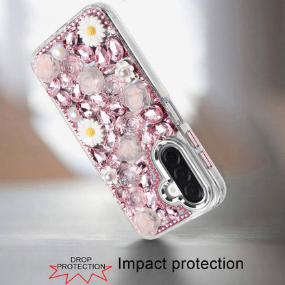 For Samsung Galaxy A17 5G Fashion Daisy Floral Series, Full 3D Bling Crystal Diamonds Sparkling Rhinestone Glitter Hybrid Design Case Cover White