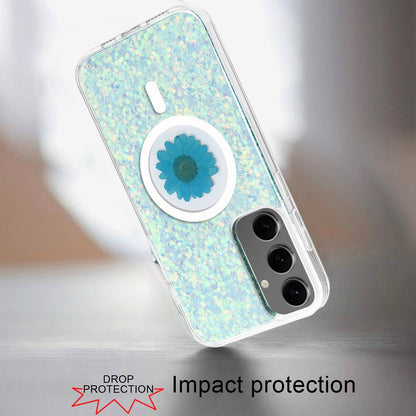 For Samsung Galaxy S24+ Plus MagSafe Compatible Glitter Flower Epoxy Hybrid Slim TPU Case, Magnetic Circle Design, Sparkly Bling Protective Case Cover Silver