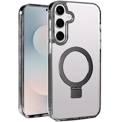 For Samsung Galaxy S25 FE /S25 Fan Edition Transparent Magnetic Ring Circle Stand with MagSafe Compatible Hybrid Dotted Edged Hard PC Shockproof Case Cover Black