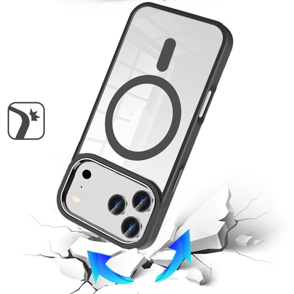 Phone Case for Apple iPhone 17 Pro Clear Acrylic Magnetic Circle Shockproof Hybrid Metal Button TPU Drop Protection Rugged Slim Durable Armor Cover Black