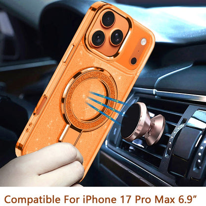 Phone Case for Apple iPhone 17 Pro Max (6.9") Transparent Glitter Bling Magnetic Ring Stand Shockproof Anti Slip Rotating Grip Protective Hybrid Durable Armor Cover Cosmic Orange
