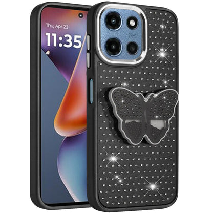 For Motorola Moto G 5G 2026/2025 Butterfly Moveable Grip 3D Pop Stand Full Diamond Bling Sparkling TPU Fashion Hybrid Case Cover Pink