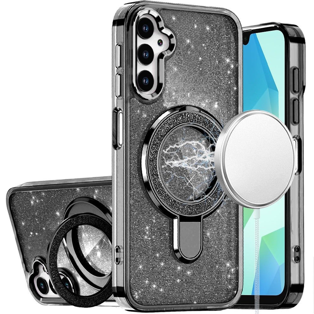 For Samsung Galaxy A16 5G Transparent Glitter Bling Case with Rotating Magnetic Ring Stand, Shockproof Hybrid Case Cover
