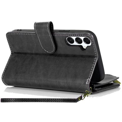 For Samsung Galaxy A16 5G PU Leather Zipper Wallet Case 9 Credit Card Slots Cash Money Pocket Clutch Pouch with Stand & Strap Case Cover Black