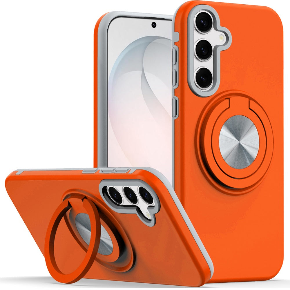 For Samsung Galaxy S26 Metal Matte Hybrid with Invisible Rotational Ring Stand, Car Mount Friendly, Military Grade Slim Fit Sturdy Case Cover Cosmic Orange